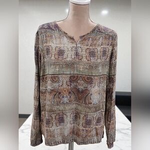 Crosby Green Purple Lightweight Tunic Womans XL Tribal 70s Boho Flair Goblin